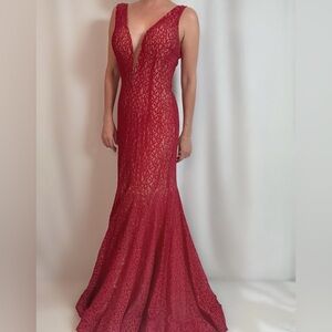 Jovani Elegant Red Lace Maxi Dress